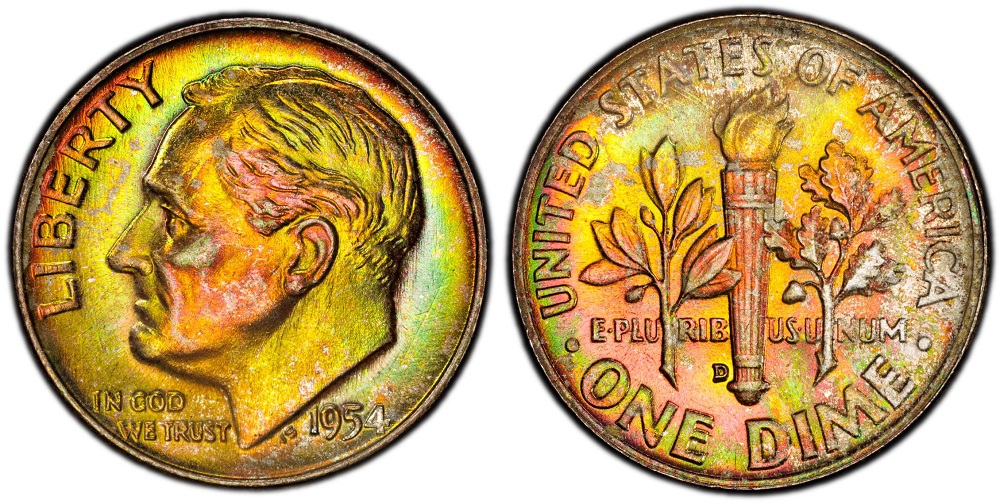 1954 Roosevelt silver dime obverse and reverse, showing both sides of the coin