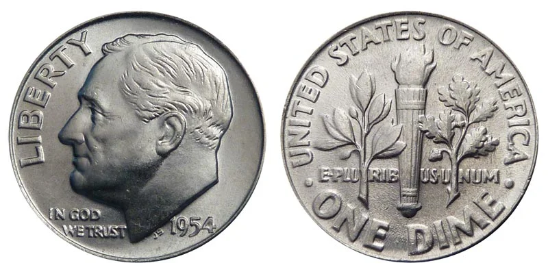 1954 Roosevelt dime torch band comparison: non-Full Bands versus Full Bands specimen, showing band separation