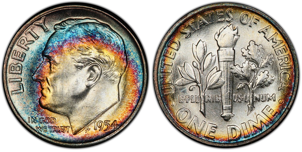 1954 Roosevelt dime Full Bands reverse close-up showing complete torch band separation