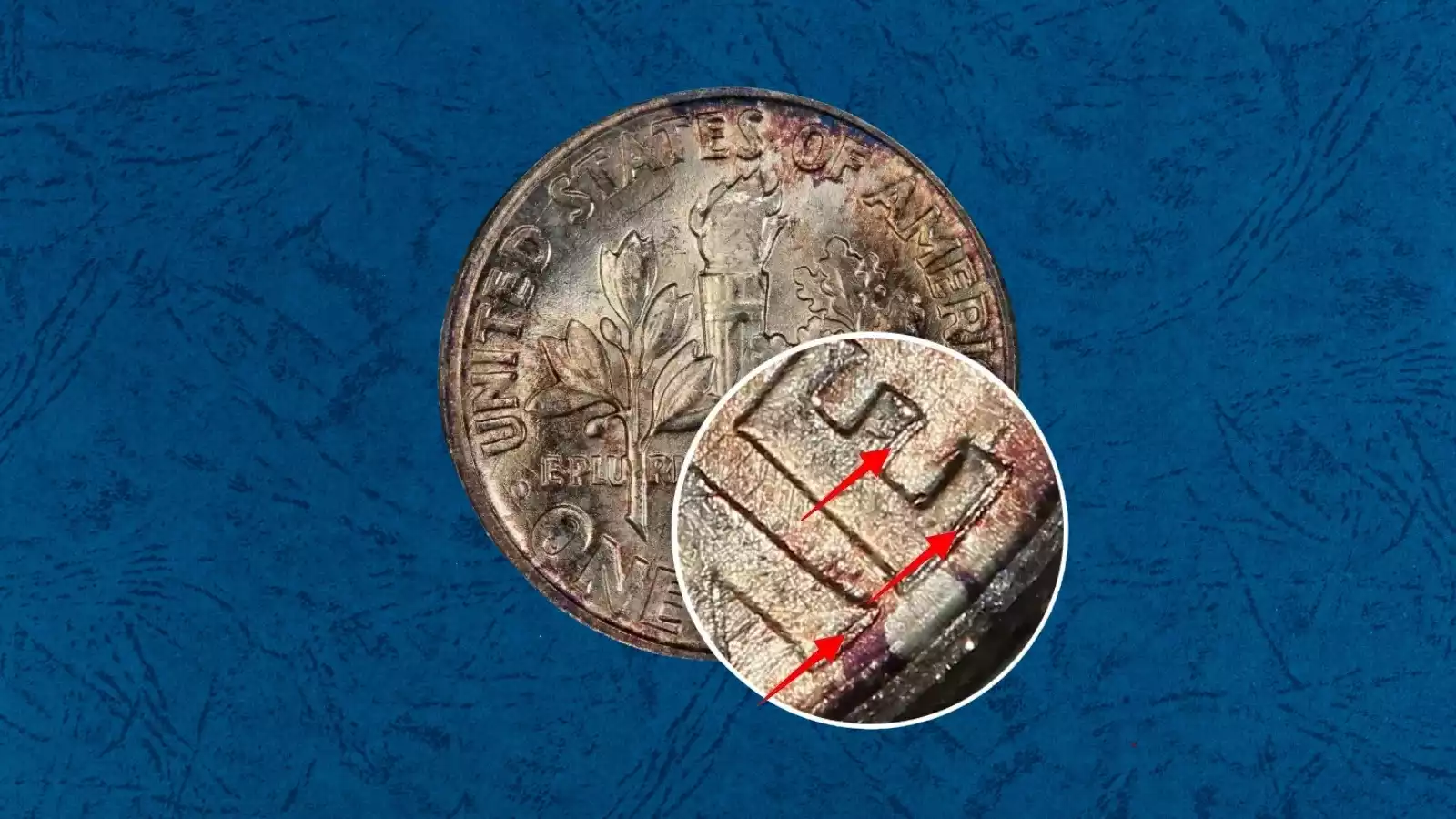 1954 Roosevelt dime Doubled Die Reverse FS-801 showing doubling on ONE DIME lettering
