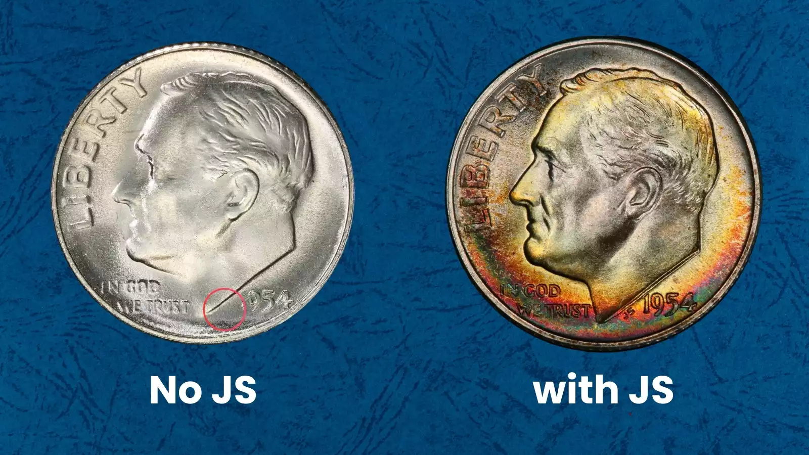 1954-S Roosevelt dime No JS variety showing missing designer initials at neck truncation