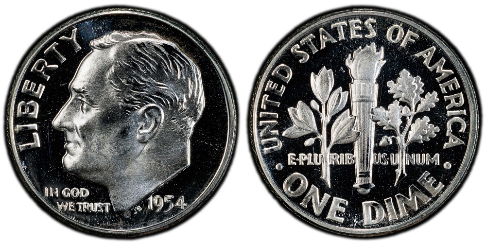1954 Roosevelt proof dime Deep Cameo showing frosted portrait contrast against mirror fields