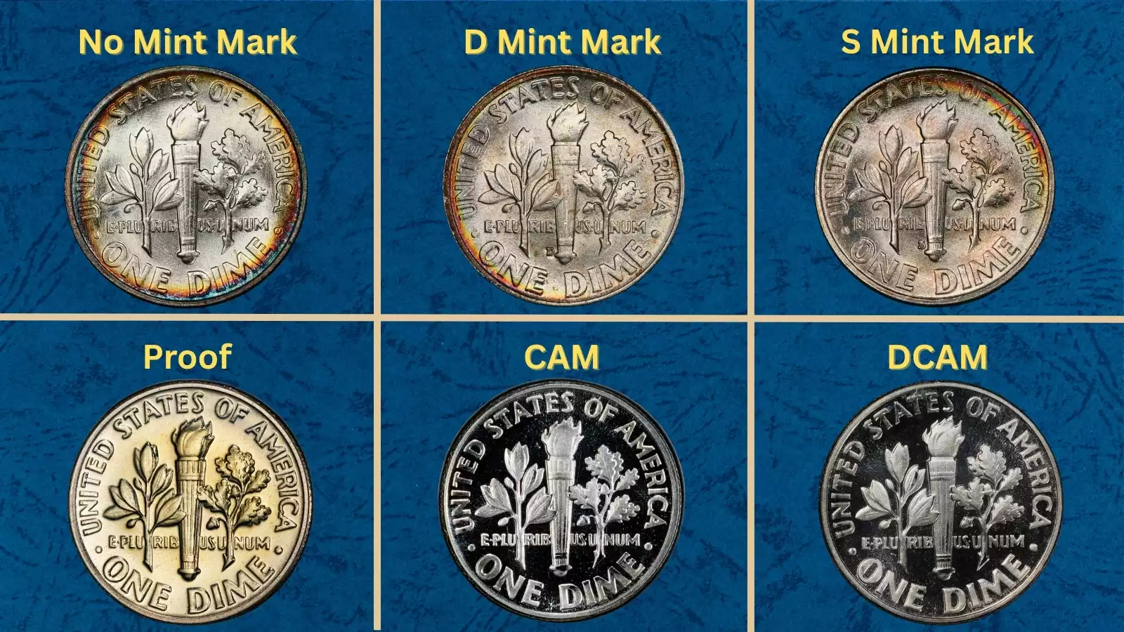 Group of 1954 Roosevelt silver dimes showing Philadelphia, Denver, and San Francisco mint examples
