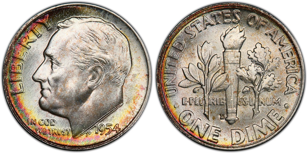 1954 Roosevelt dime grading strip showing four condition tiers from worn to gem uncirculated